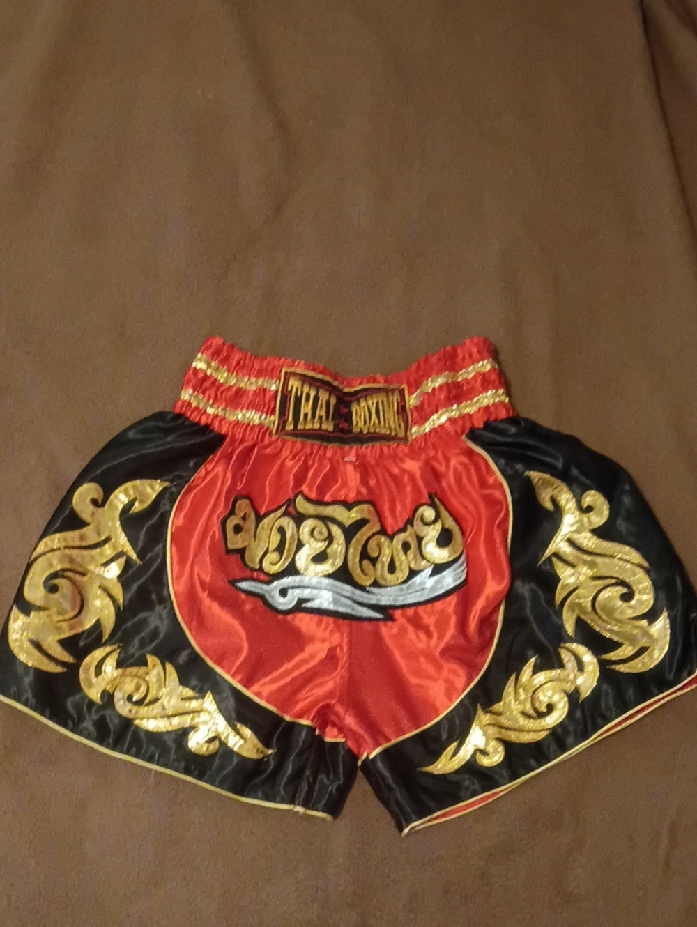 Thai Boxing Satin Muay Thai Shorts in Red, Black & Gold